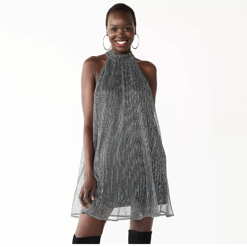 NINE WEST Shimmering Silver Chrome Halter Swing Dress Sz M